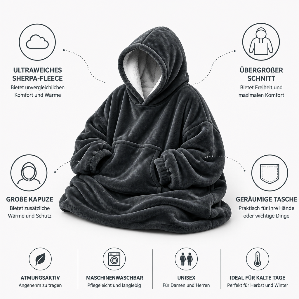 Oversize Hoodie Decke mit Kapuze und Tasche aus Sherpa Fleece