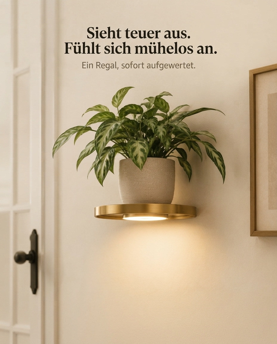 Schwebendes LED-Wandregal mit Gold-Finish und wiederaufladbarer Ambientebeleuchtung für Pflanzen