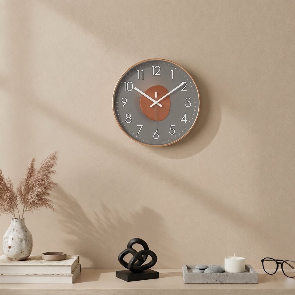 Runde Wanduhr mit dunklem Zifferblatt und 3D-Detail – Ansicht 12