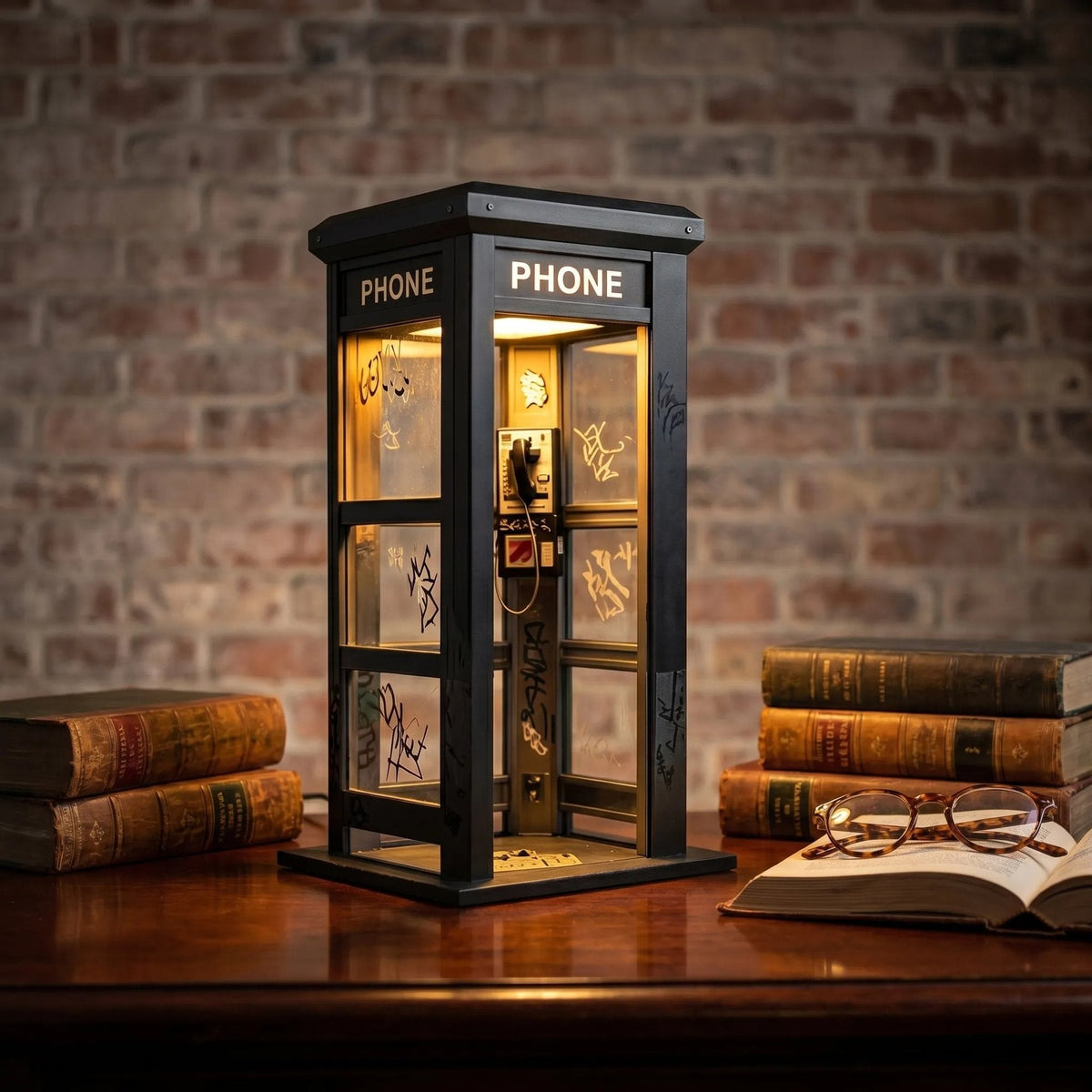 Vintage Telefonzellen Tischlampe mit warmem Ambiente Licht