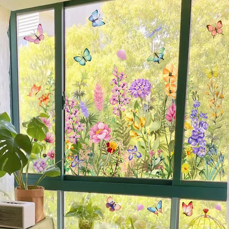 BloomVista™ | Fensteraufkleber | Wildblumen & Schmetterlinge, wiederverwendbar & rückstandsfrei