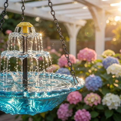 SunCascade™ | Solar Springbrunnen – Hängende Vogeltränke mit Wasserfall, Glas & kabellos