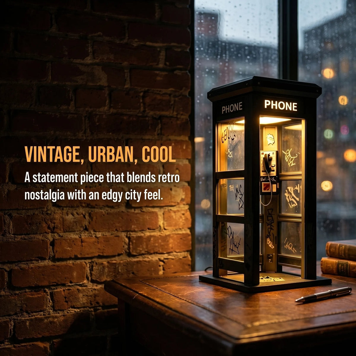Vintage Telefonzellen Tischlampe mit warmem Ambiente Licht