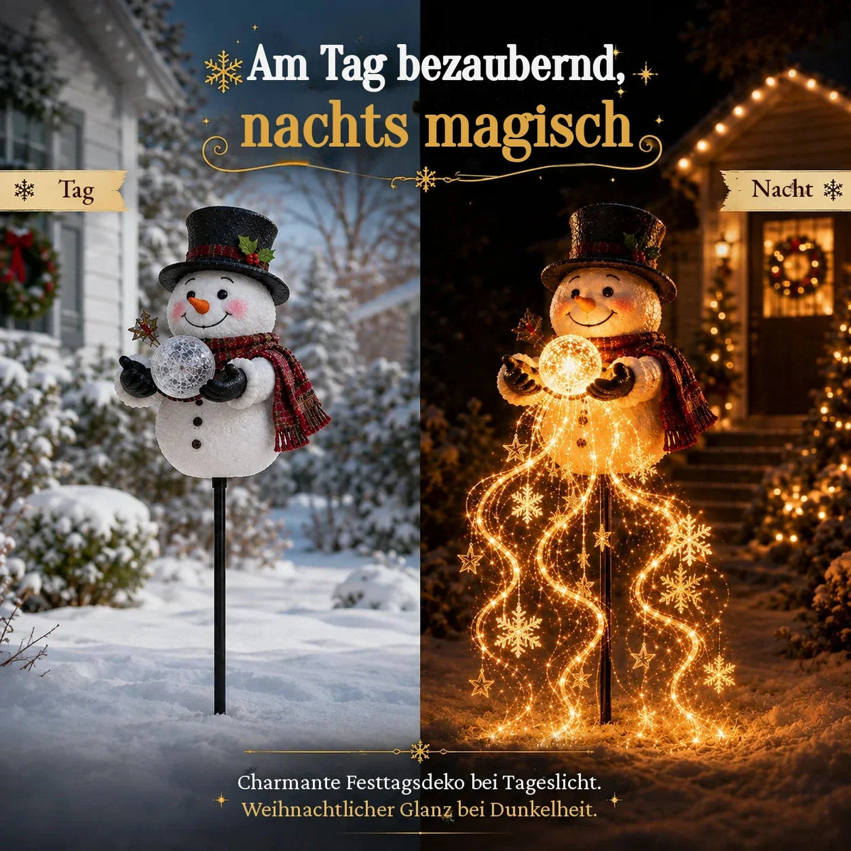 Schneemann Solar-Weihnachtsdeko mit Lichtersträngen