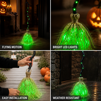 Schwebender Hexenbesen mit grünem LED-Licht – bewegte Halloween-Deko ohne Batterien