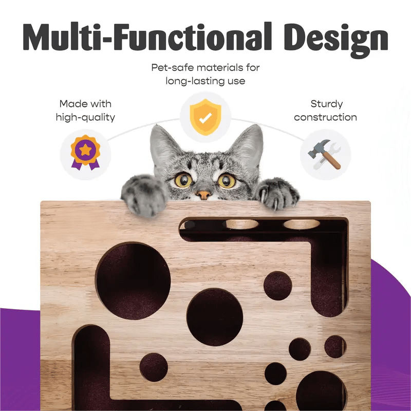 PawPlay™ | Holz-Katzen-Puzzlebox – Beschäftigung mit Leckerlies & natürlicher Krallenpflege