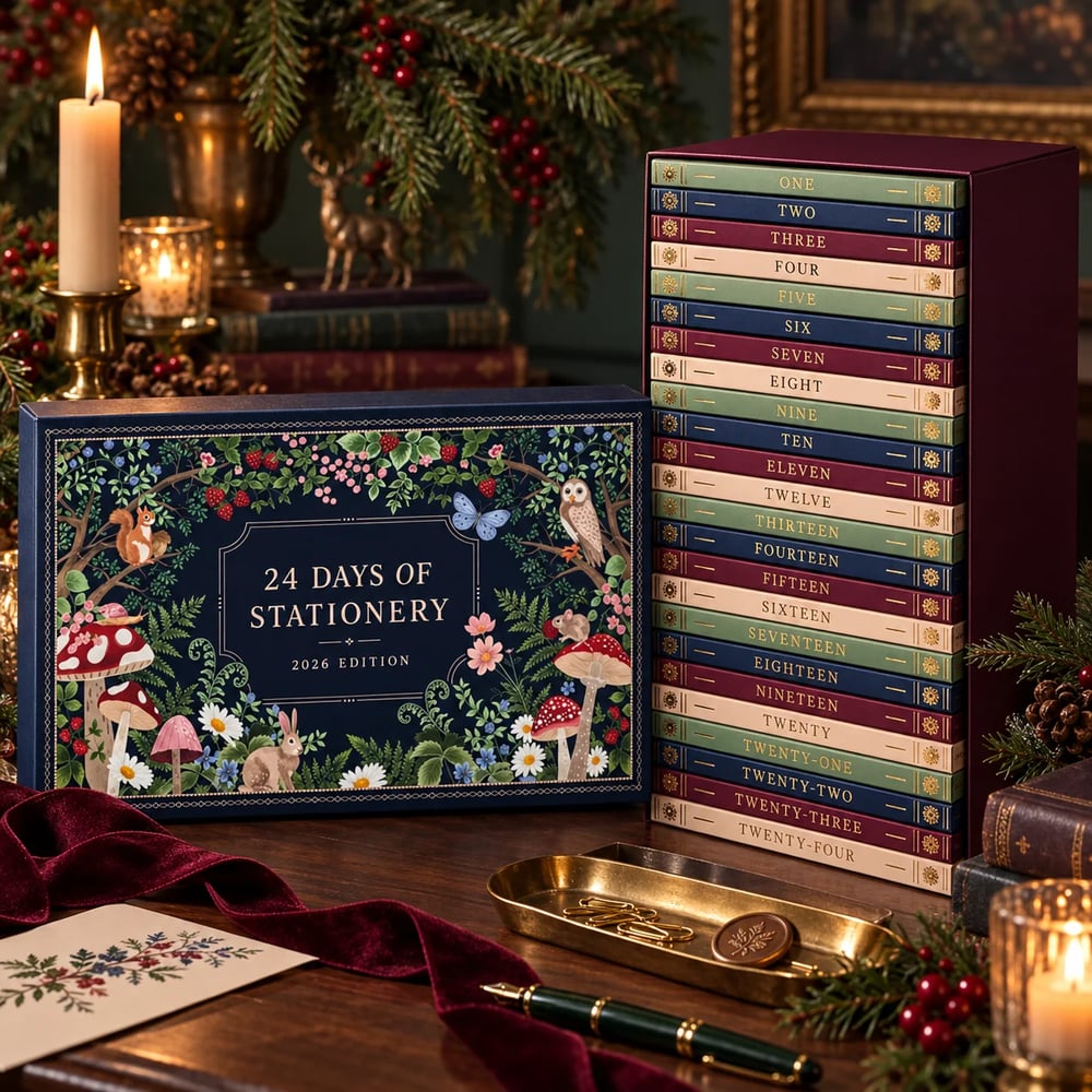 Adventskalender mit 24 Schreibwaren im Winterwald-Design