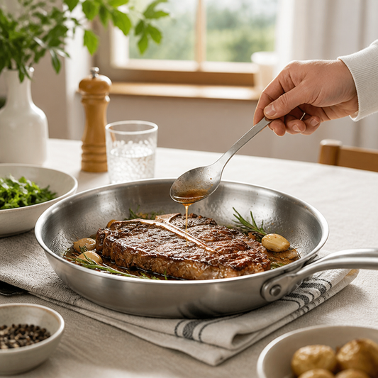 Edelstahlpfanne beim Braten von Steak