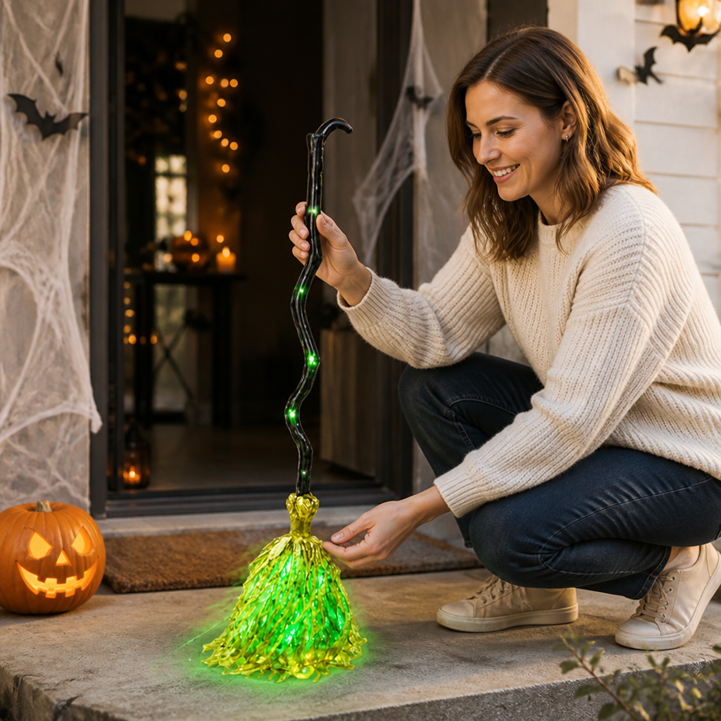 Schwebender Hexenbesen mit grünem LED-Licht – bewegte Halloween-Deko ohne Batterien