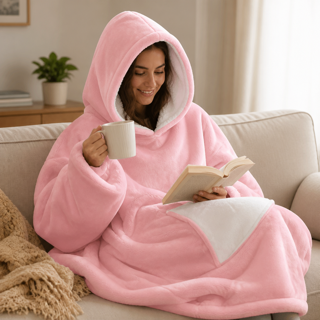 Oversize Hoodie Decke mit Kapuze und Tasche aus Sherpa Fleece