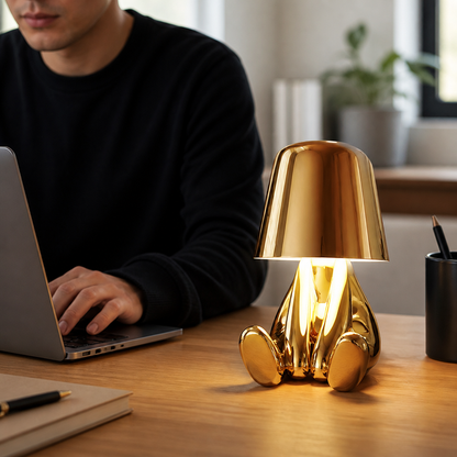 LED Schreibtischlampe Denker Figur in Gold oder Silber