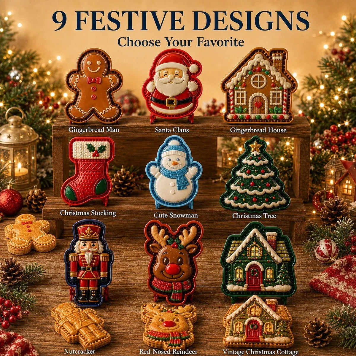 Weihnachts-Mini-Kuchenform mit 9 Motiven aus transparentem PET – wiederverwendbar, spülmaschinenfest