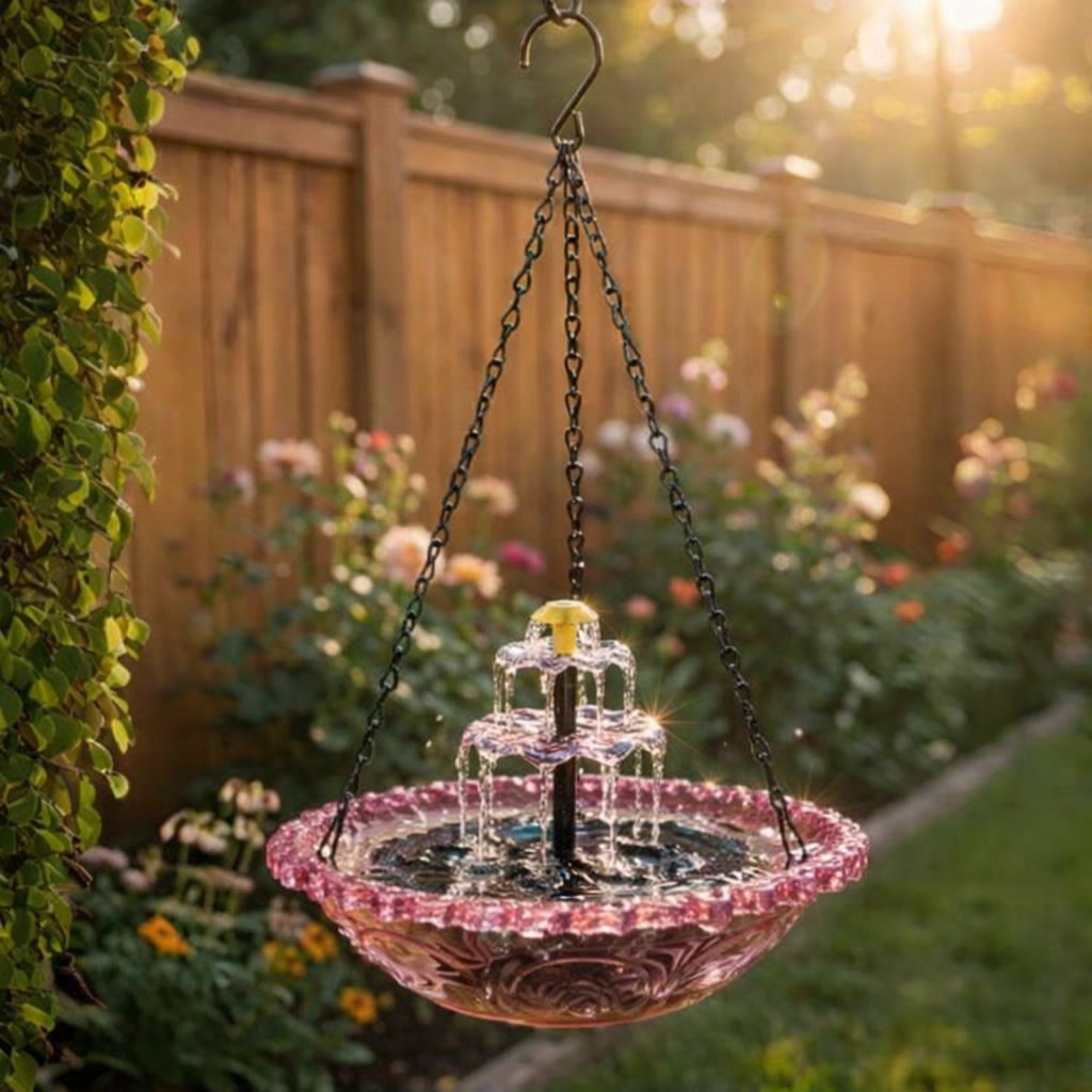 SunCascade™ | Solar Springbrunnen – Hängende Vogeltränke mit Wasserfall, Glas & kabellos