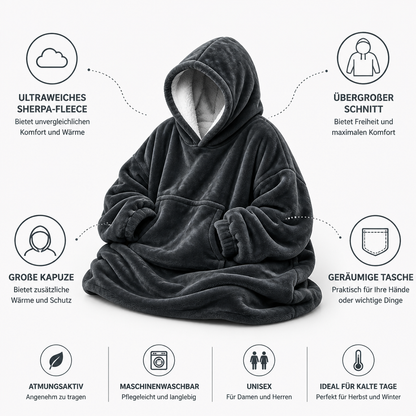 Oversize Hoodie Decke mit Kapuze und Tasche aus Sherpa Fleece