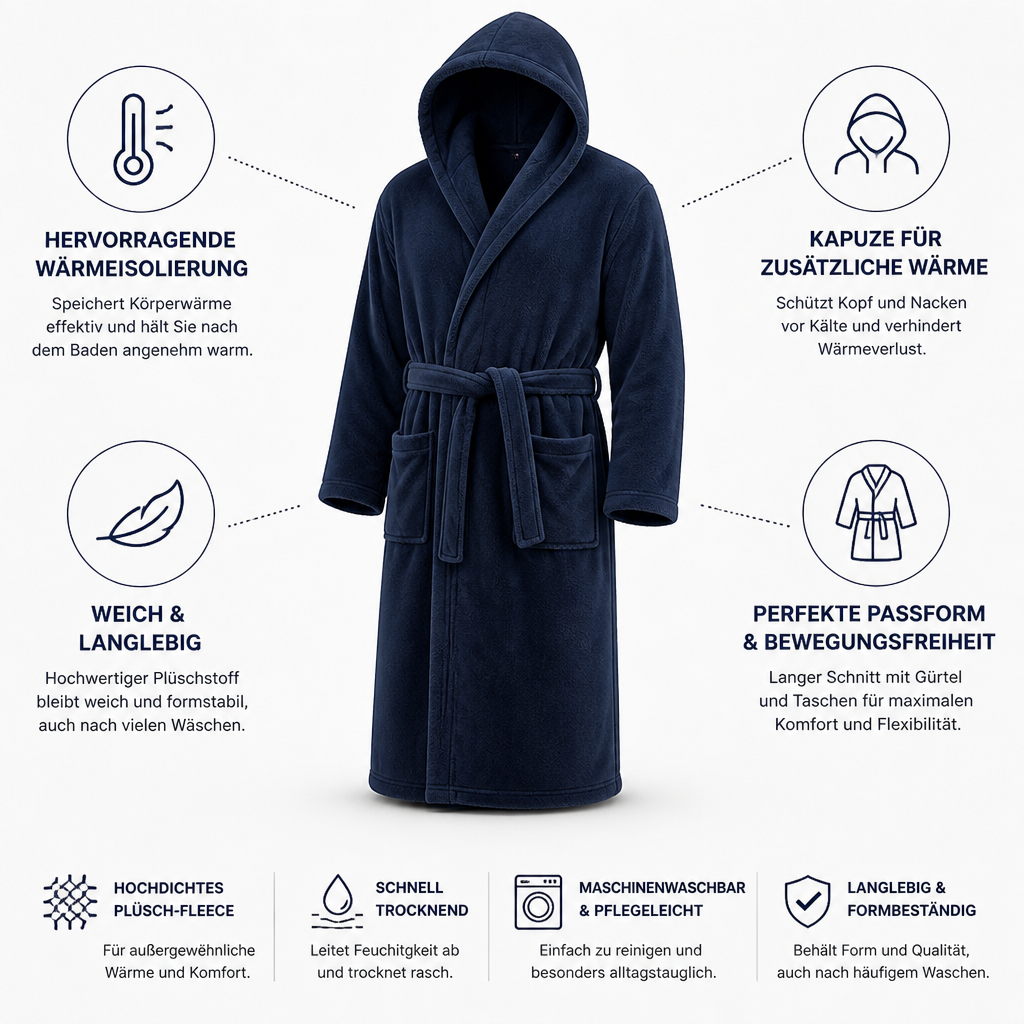 Herren Bademantel mit Kapuze aus Plüsch Fleece