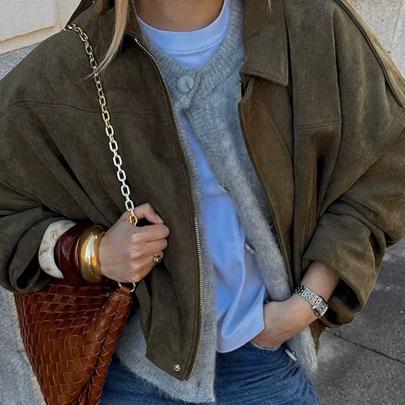 Damen Überdimensional Jacke | Weiche Wildlederoptik | Voll gefüttert | Khaki
