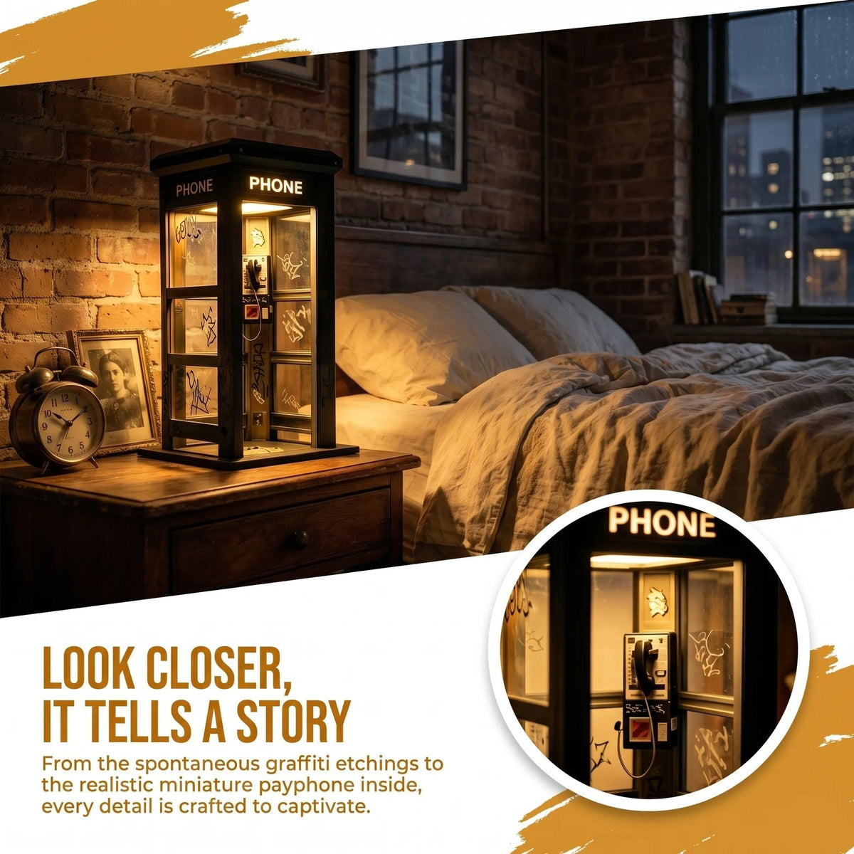 Vintage Telefonzellen Tischlampe mit warmem Ambiente Licht