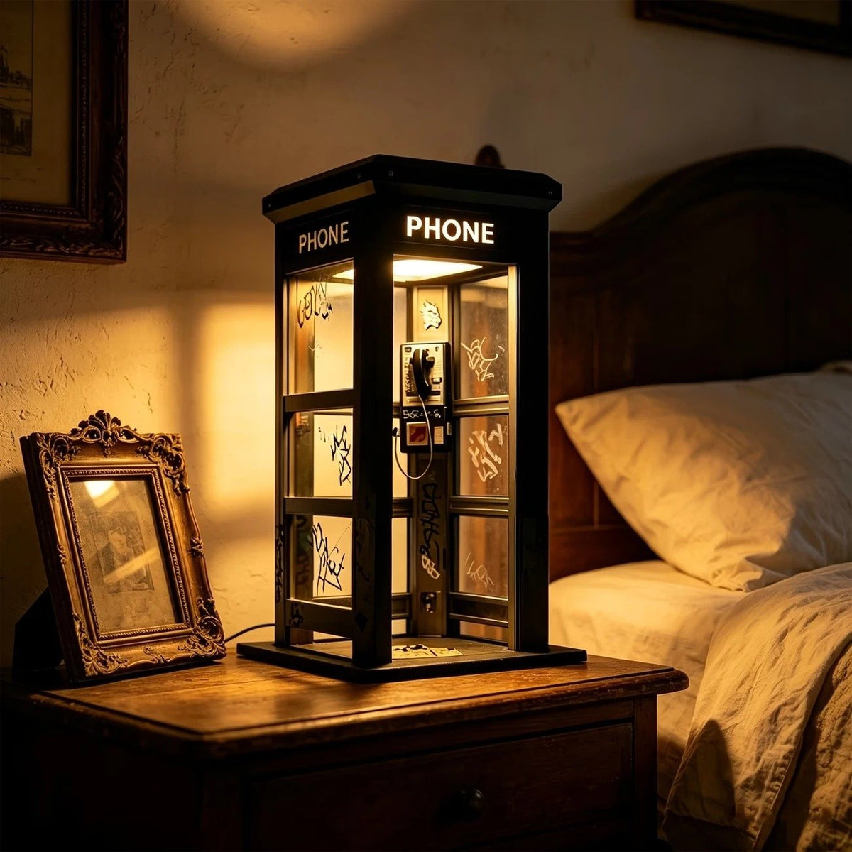 Vintage Telefonzellen Tischlampe mit warmem Ambiente Licht