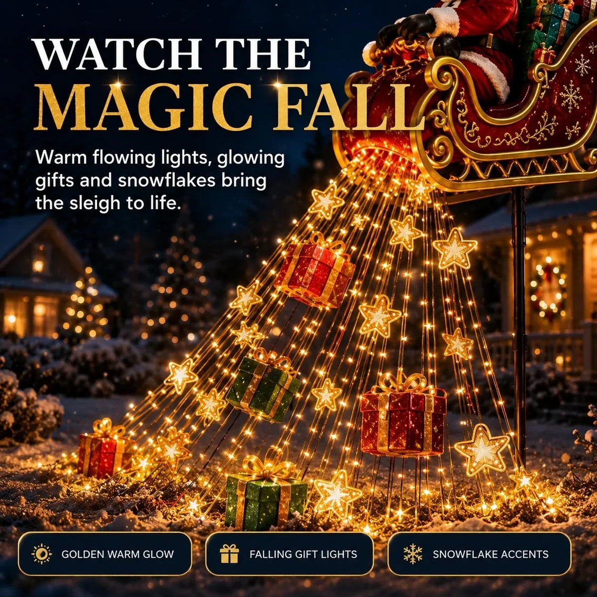 Leuchtende Weihnachtslichter im Garten bei Nacht