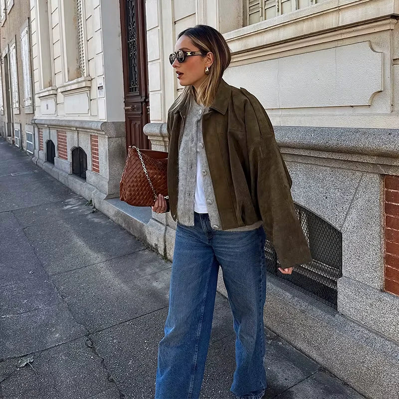 Damen Überdimensional Jacke | Weiche Wildlederoptik | Voll gefüttert | Khaki