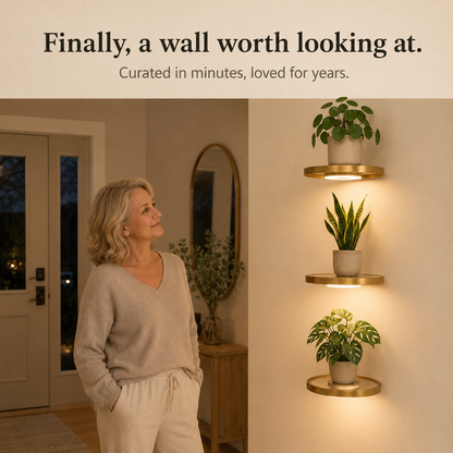 Schwebendes LED-Wandregal mit Gold-Finish und wiederaufladbarer Ambientebeleuchtung für Pflanzen