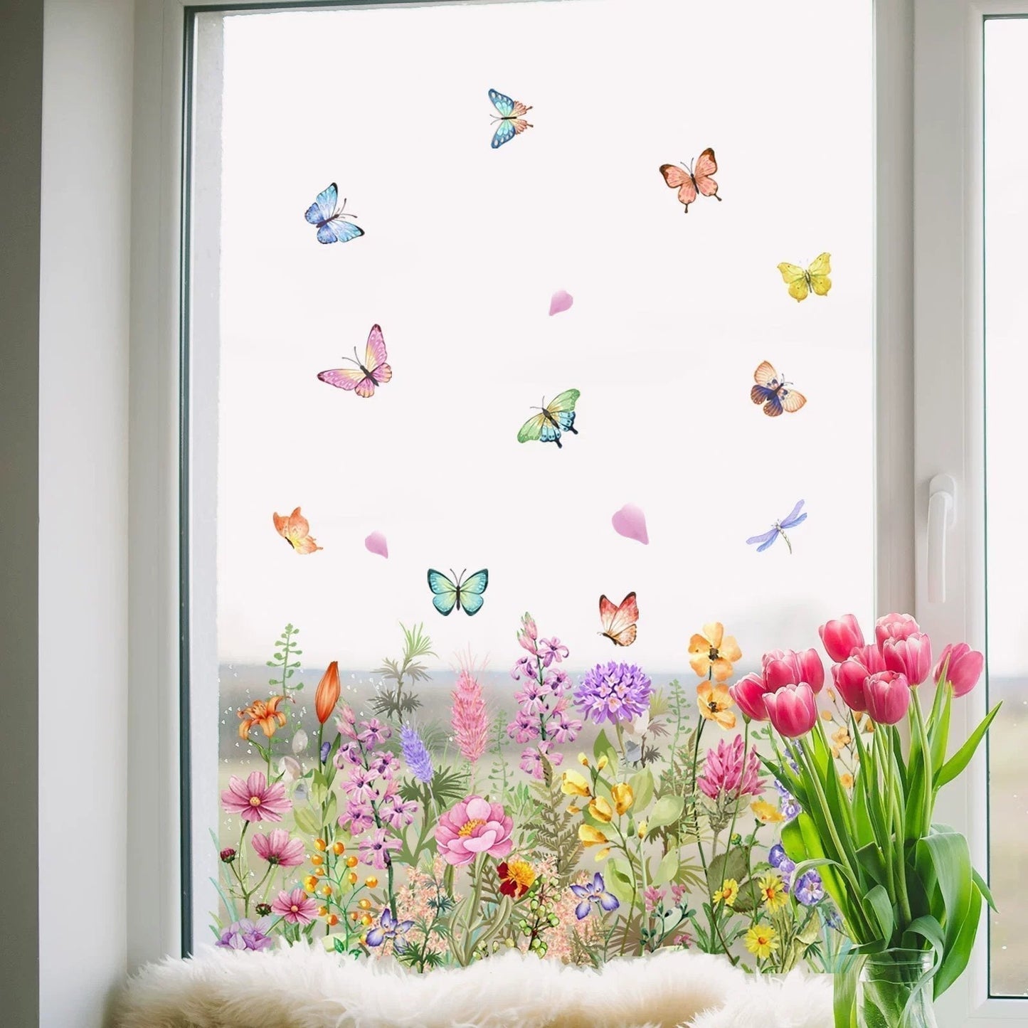 BloomVista™ | Fensteraufkleber | Wildblumen & Schmetterlinge, wiederverwendbar & rückstandsfrei