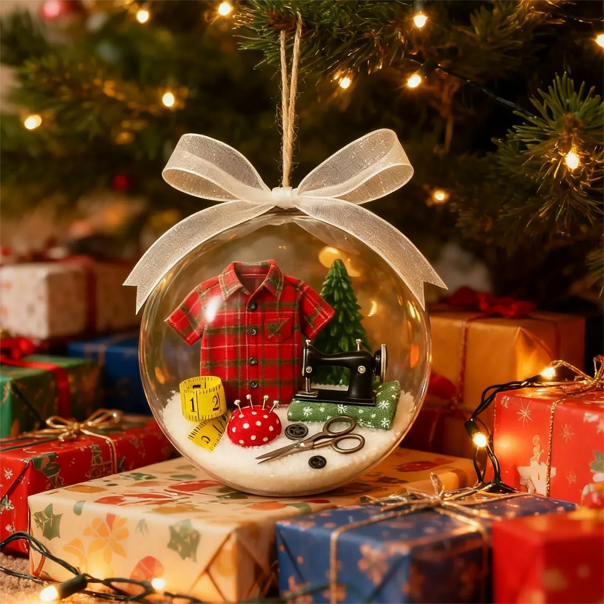 Weihnachtskugel mit Stoffrollen und Maßband