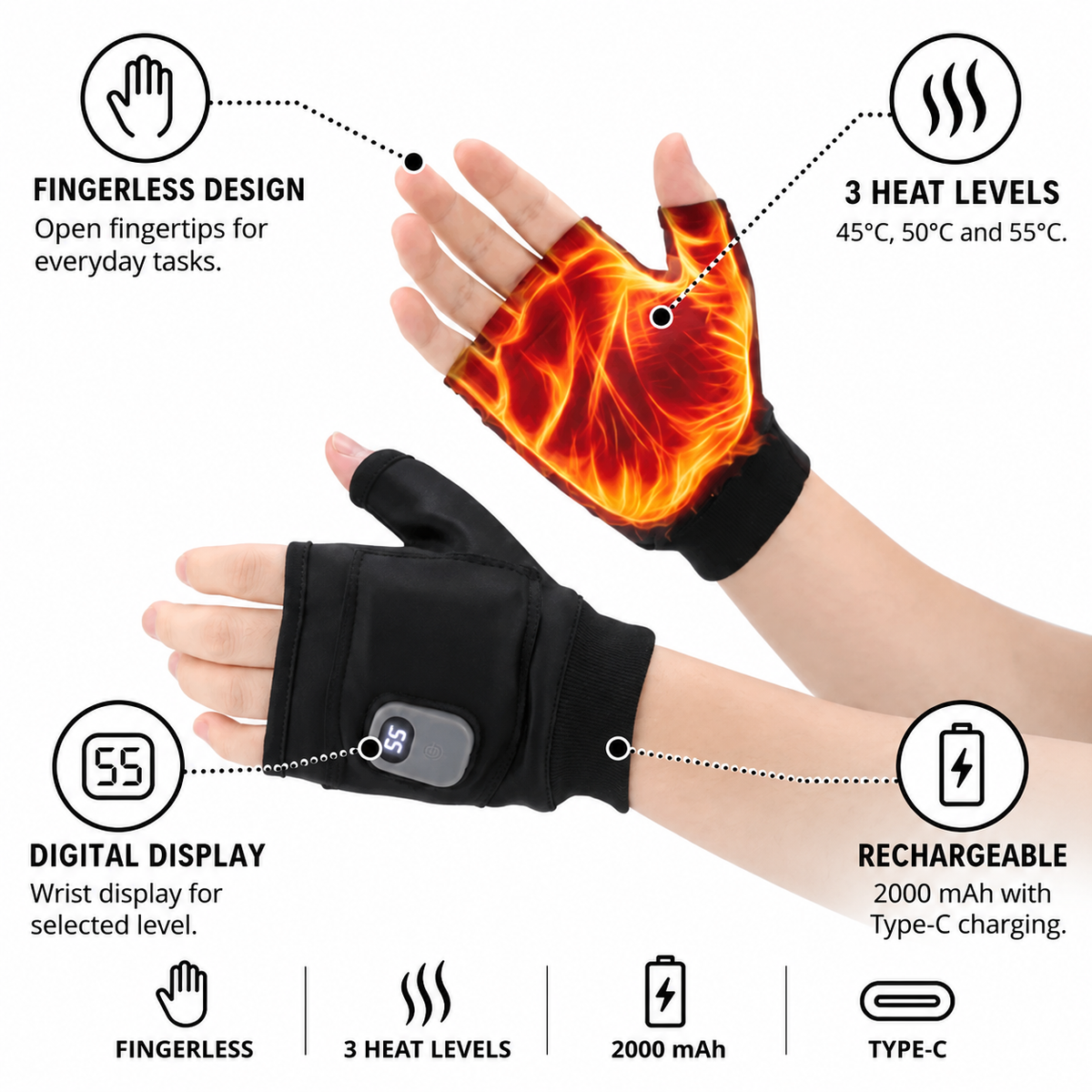 Beheizbare Fingerlose Handschuhe mit Temperaturanzeige