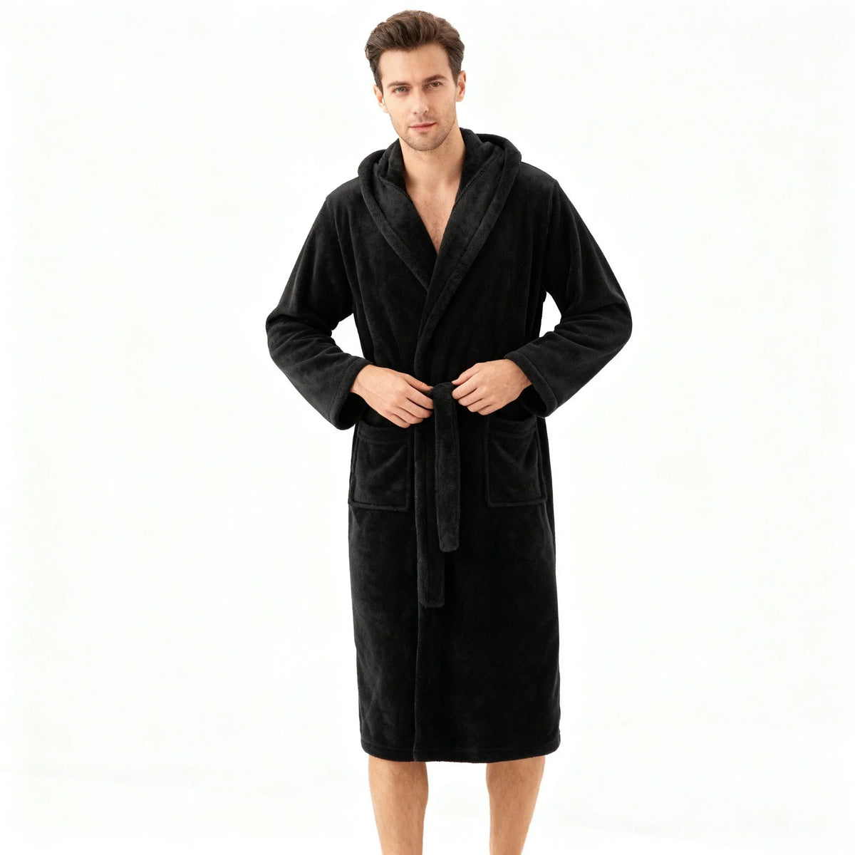 Herren Bademantel mit Kapuze aus Plüsch Fleece