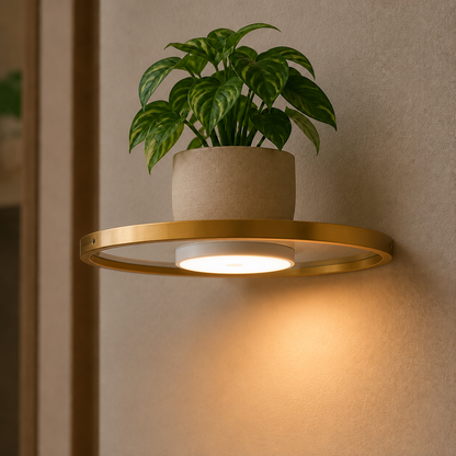 Schwebendes LED-Wandregal mit Gold-Finish und wiederaufladbarer Ambientebeleuchtung für Pflanzen