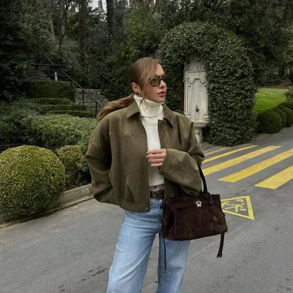 Damen Überdimensional Jacke | Weiche Wildlederoptik | Voll gefüttert | Khaki