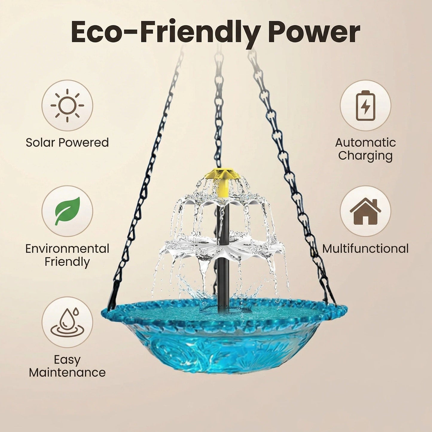 SunCascade™ | Solar Springbrunnen – Hängende Vogeltränke mit Wasserfall, Glas & kabellos