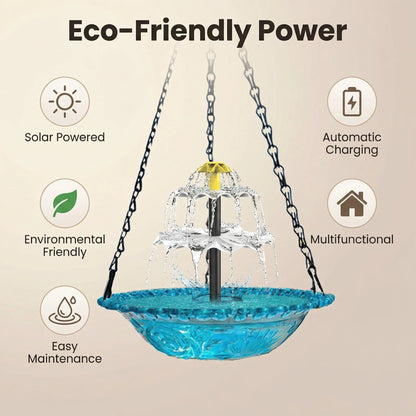 SunCascade™ | Solar Springbrunnen – Hängende Vogeltränke mit Wasserfall, Glas & kabellos