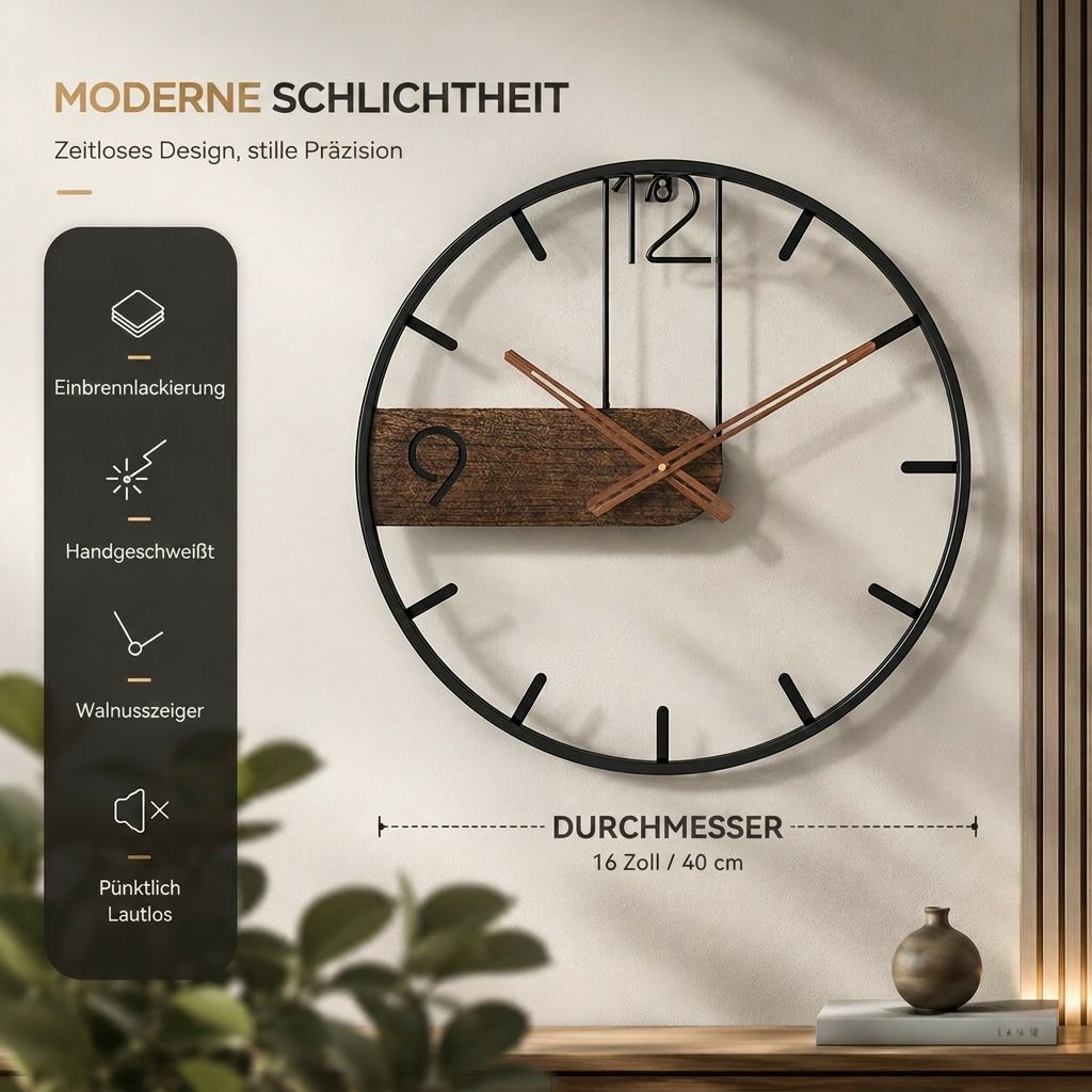 Moderne Wanduhr aus Edelstahl & Walnussholz | Walnchron