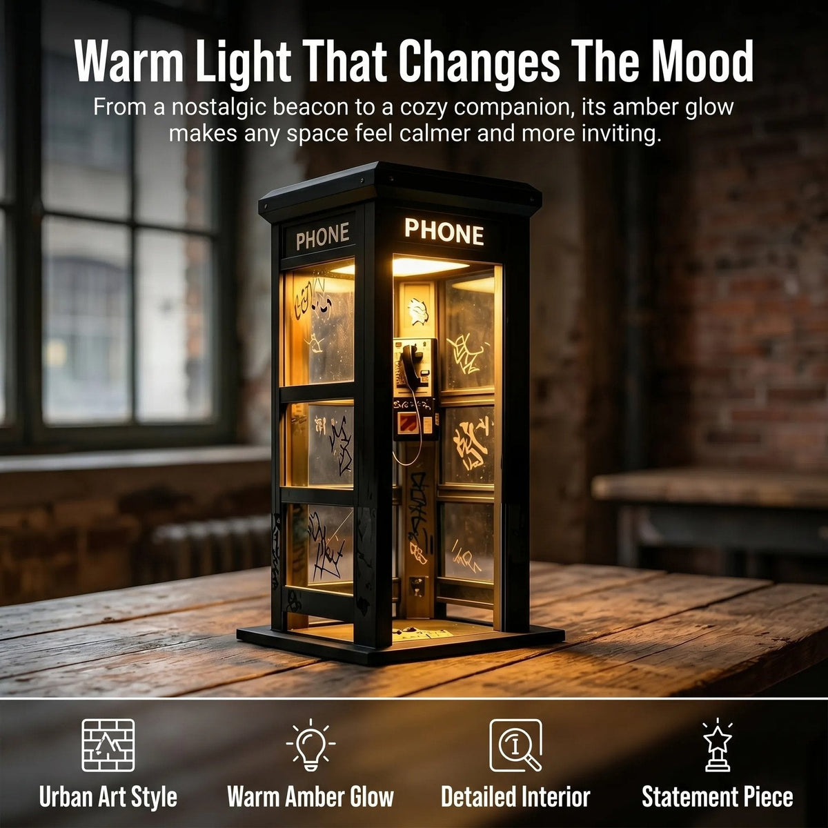 Vintage Telefonzellen Tischlampe mit warmem Ambiente Licht