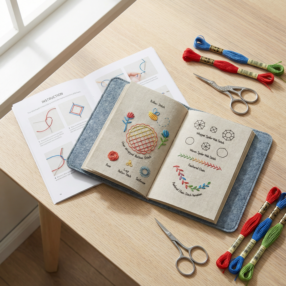 Stickbuch Komplettset mit 106 Stickstichen und Zubehör