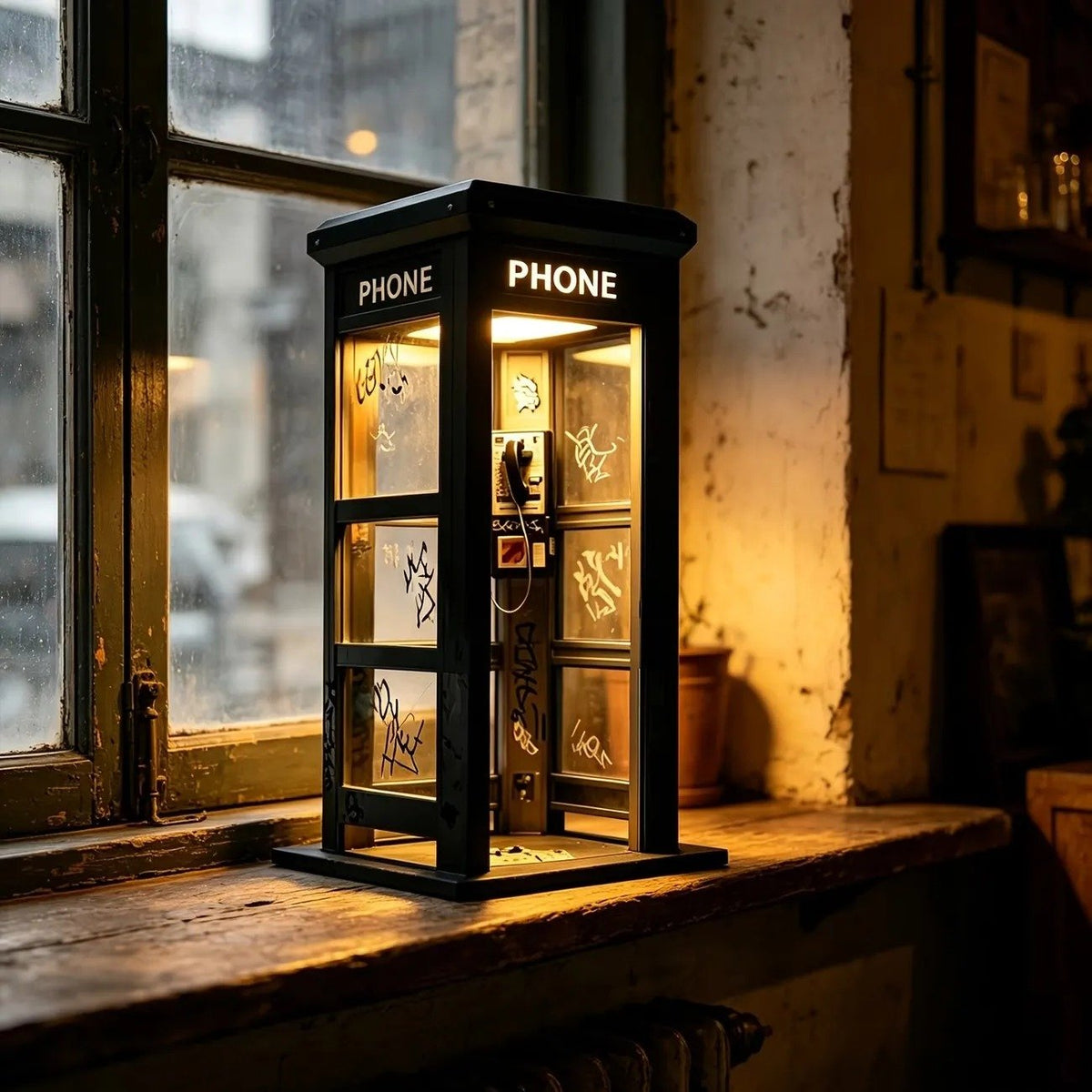 Vintage Telefonzellen Tischlampe mit warmem Ambiente Licht