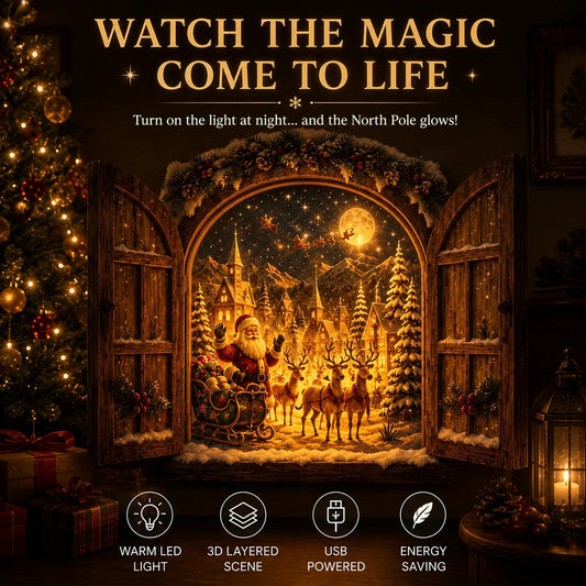 Weihnachtliche 3D-Wand-Lichtdeko mit Weihnachtsmann und Rentieren