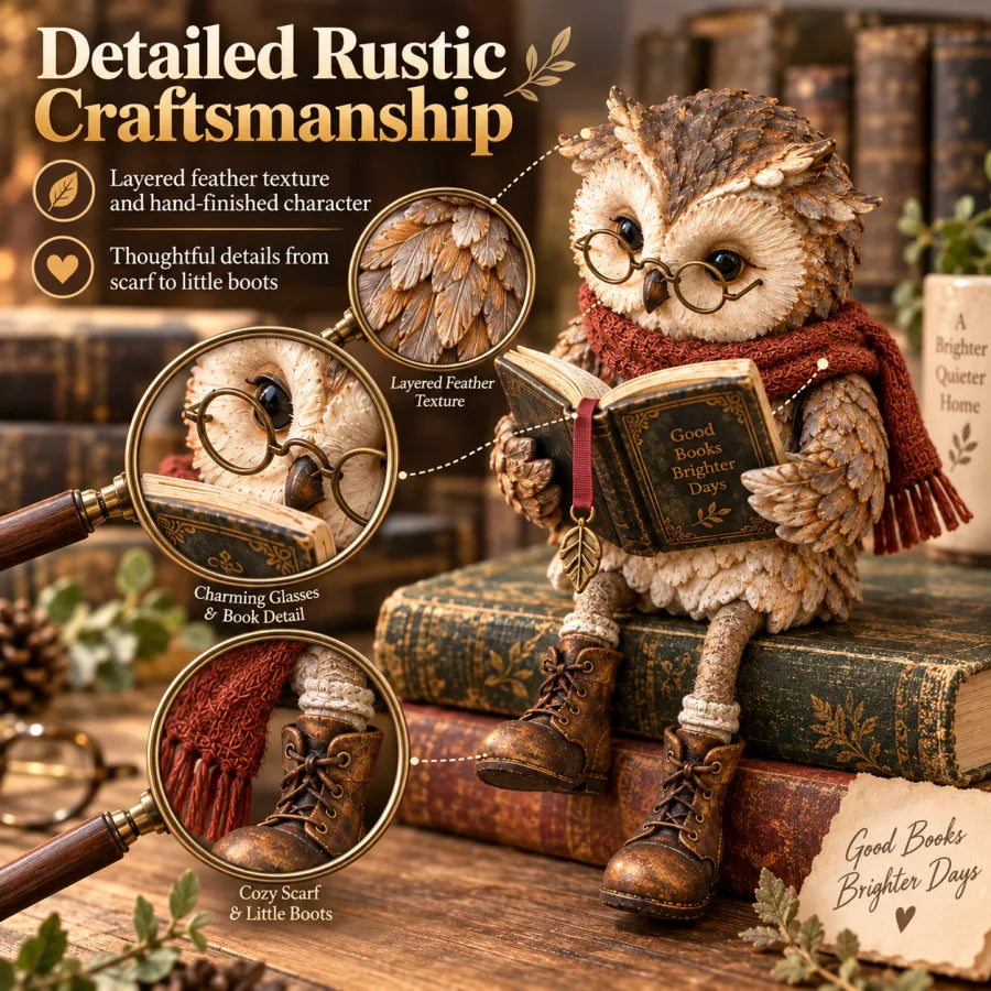 StoryNook – Rustikale Lese-Eule Figur | 50 % RABATT