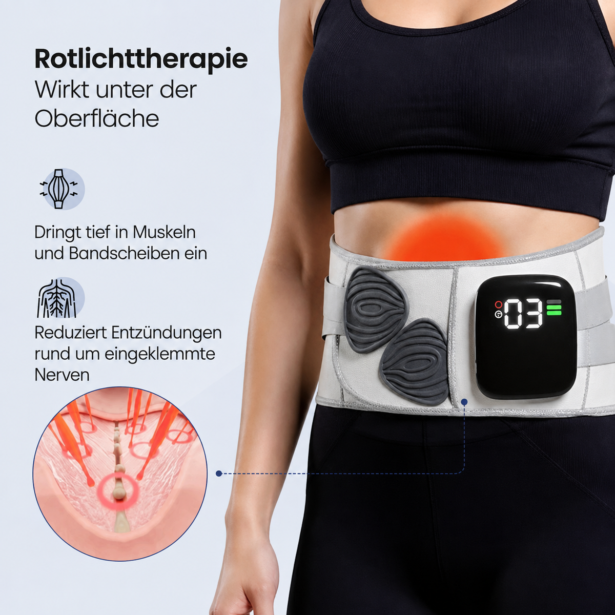Rückenstützgürtel mit Wärmefunktion und 660 nm Rotlicht
