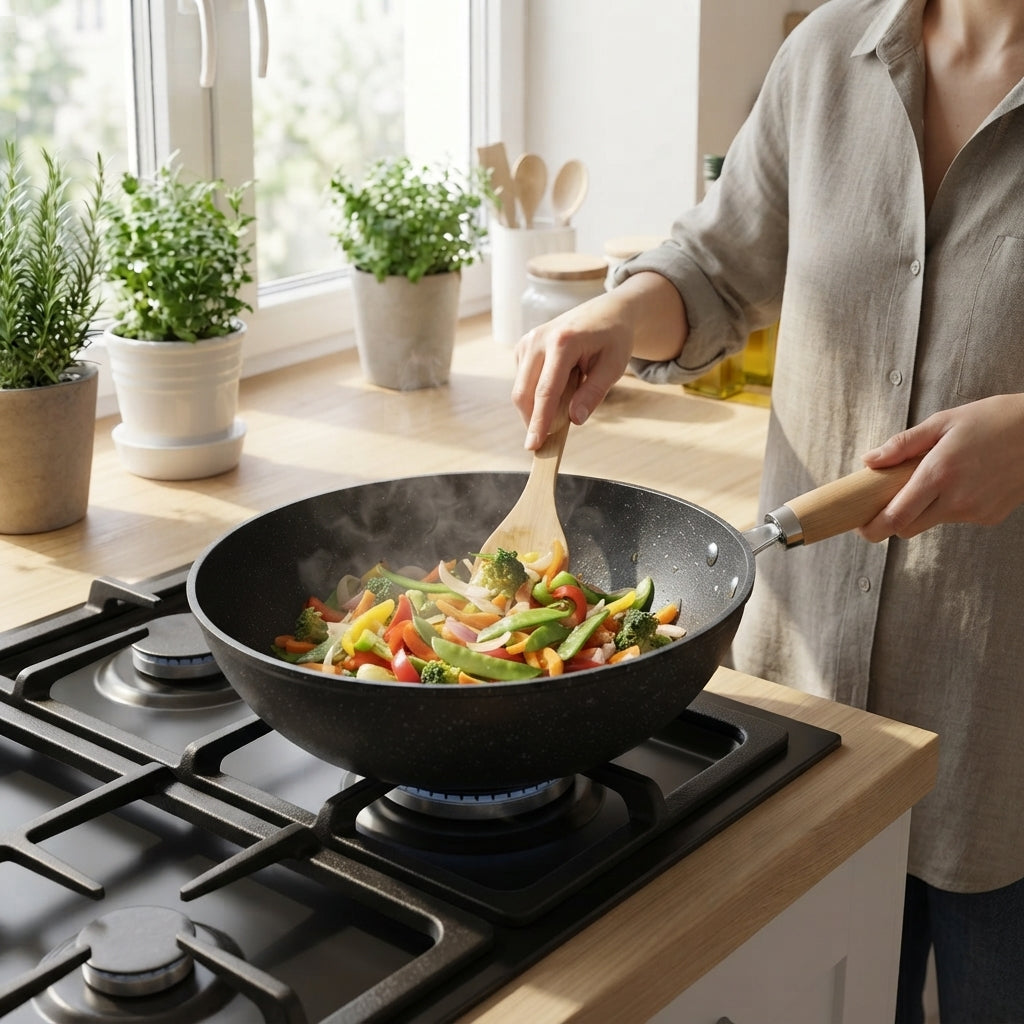 Keramik-Wok beim Kochen auf dem Gasherd