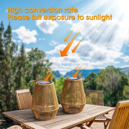 SolaraWeave™ | Solar Laterne – Rattan Design, warmes LED-Licht, automatisch & wetterfest