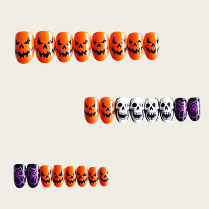 Halloween Press On Nägel mit Kürbis Skelett und Spinnen Design