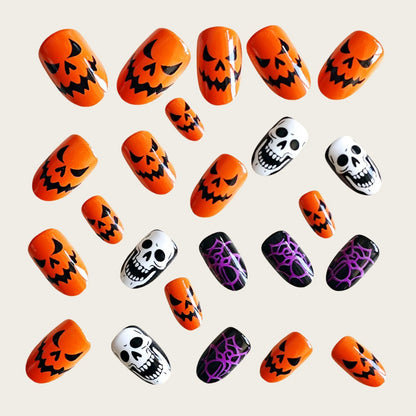 Halloween Press On Nägel mit Kürbis Skelett und Spinnen Design