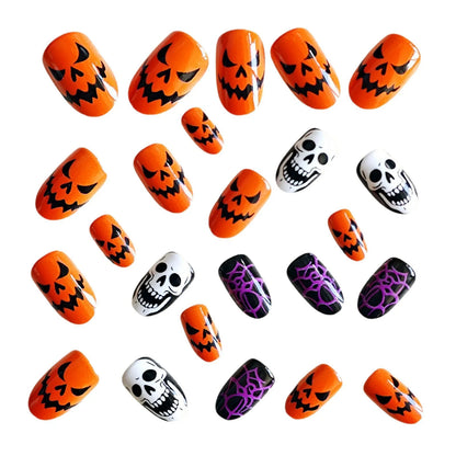 Halloween Press On Nägel mit Kürbis Skelett und Spinnen Design