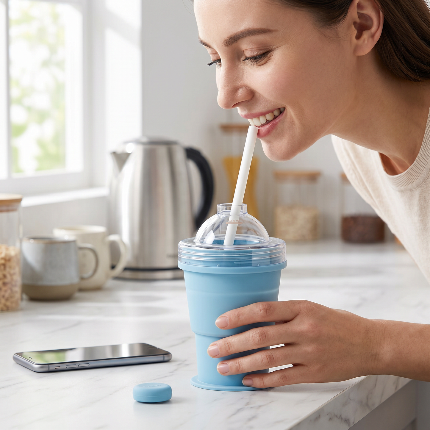 1+ 1 Gratis | 2-in-1 Eiswürfel-Becher – Faltbar, mit Strohhalm & Silikonform für unterwegs
