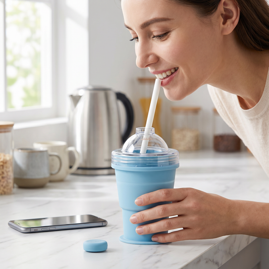 1+ 1 Gratis | 2-in-1 Eiswürfel-Becher – Faltbar, mit Strohhalm & Silikonform für unterwegs