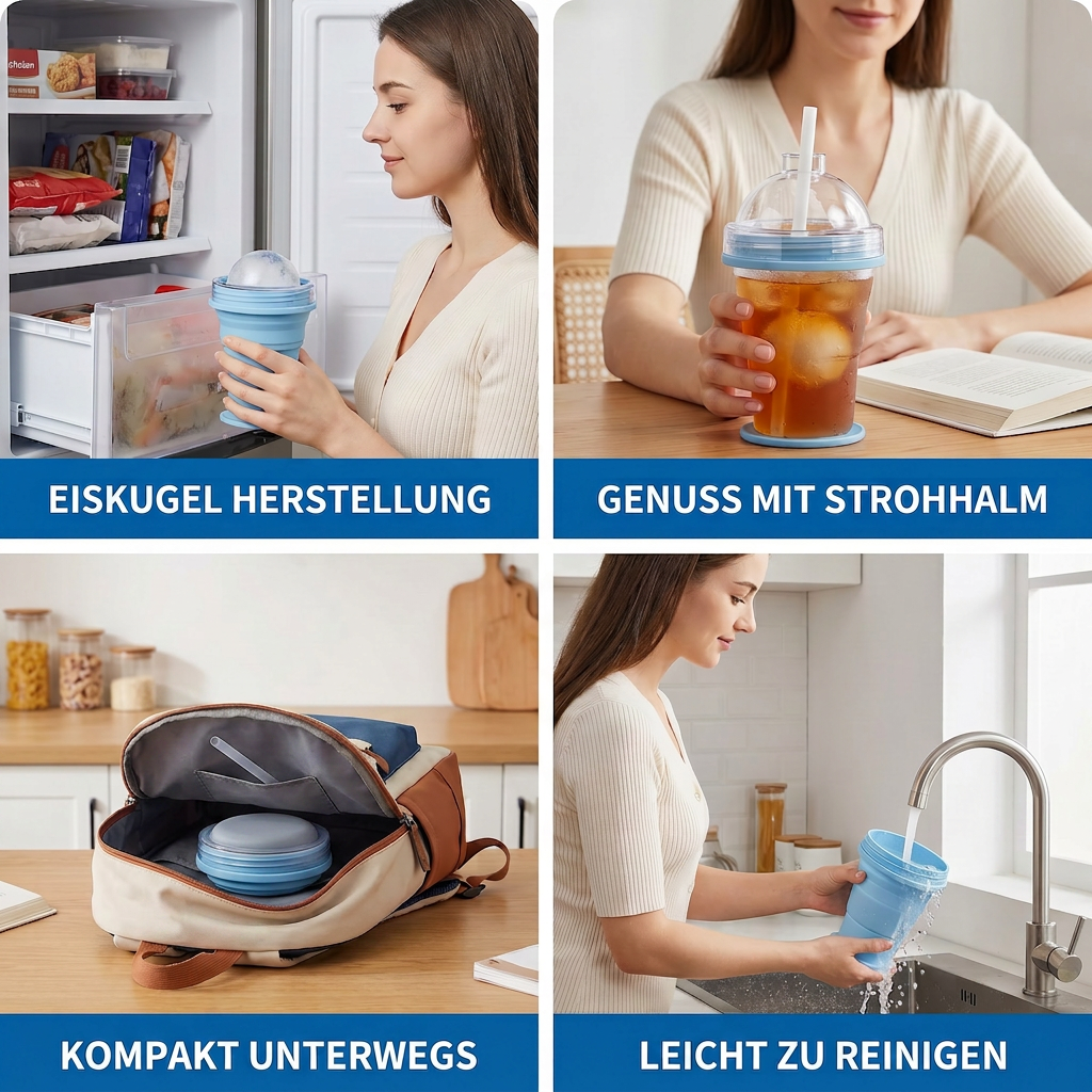 1+ 1 Gratis | 2-in-1 Eiswürfel-Becher – Faltbar, mit Strohhalm & Silikonform für unterwegs