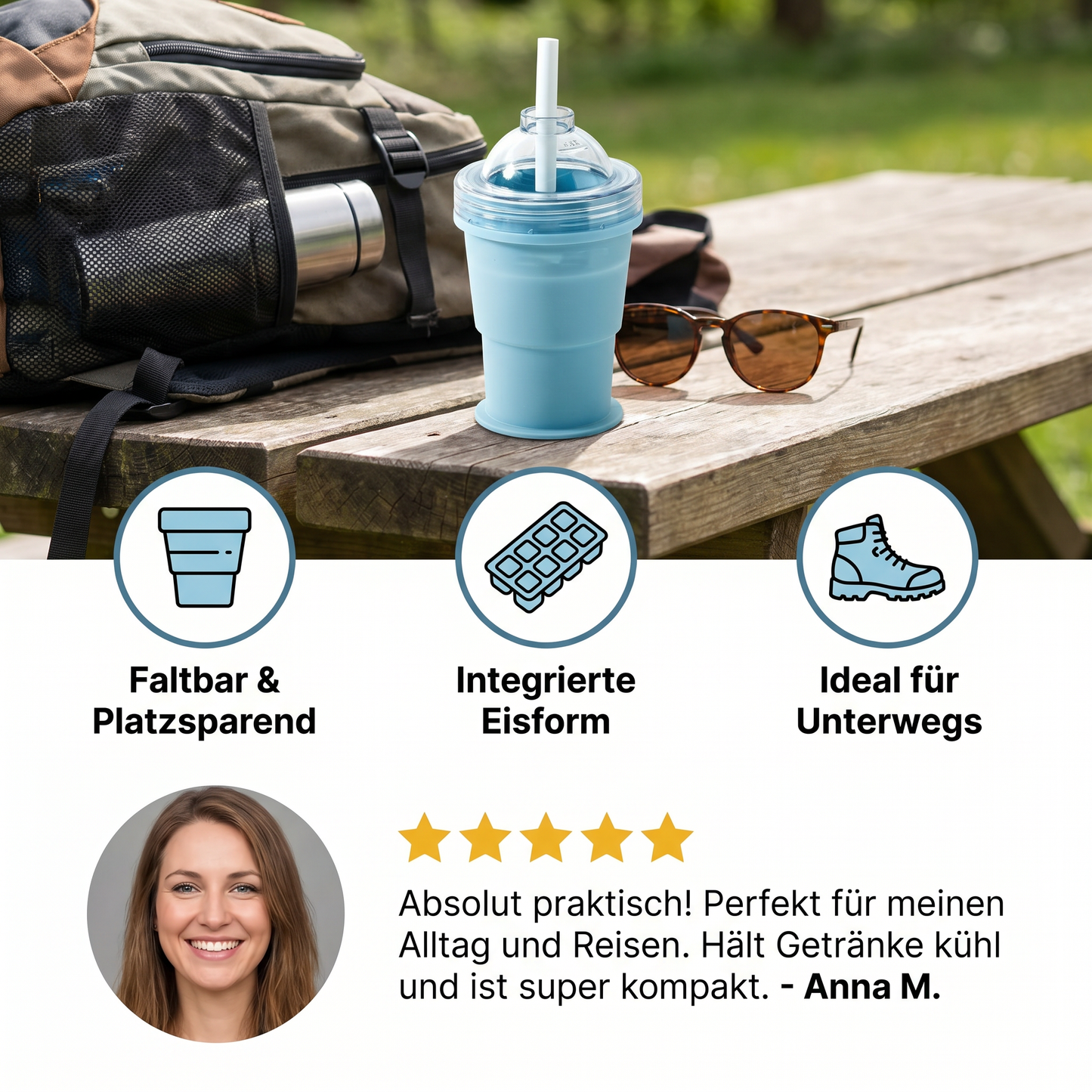 1+ 1 Gratis | 2-in-1 Eiswürfel-Becher – Faltbar, mit Strohhalm & Silikonform für unterwegs