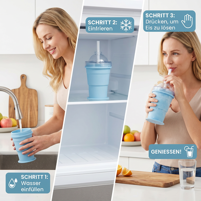 1+ 1 Gratis | 2-in-1 Eiswürfel-Becher – Faltbar, mit Strohhalm & Silikonform für unterwegs